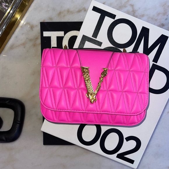 Versace Handbags - Versace Virtus Quilted Leather Tribute Crossbody Bag in Fuchsia & Gold